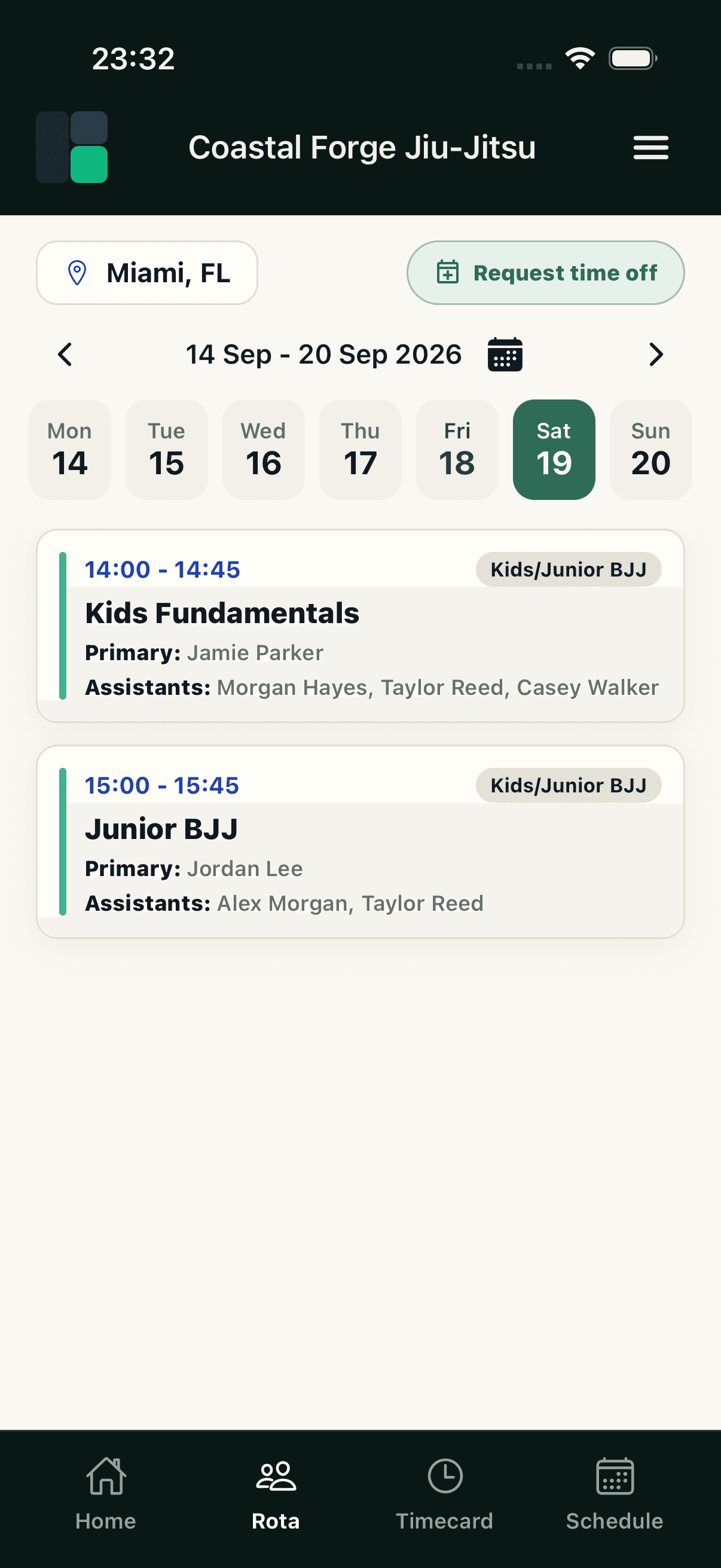 The OpenMat mobile Rota screen showing a week of classes with coaches assigned