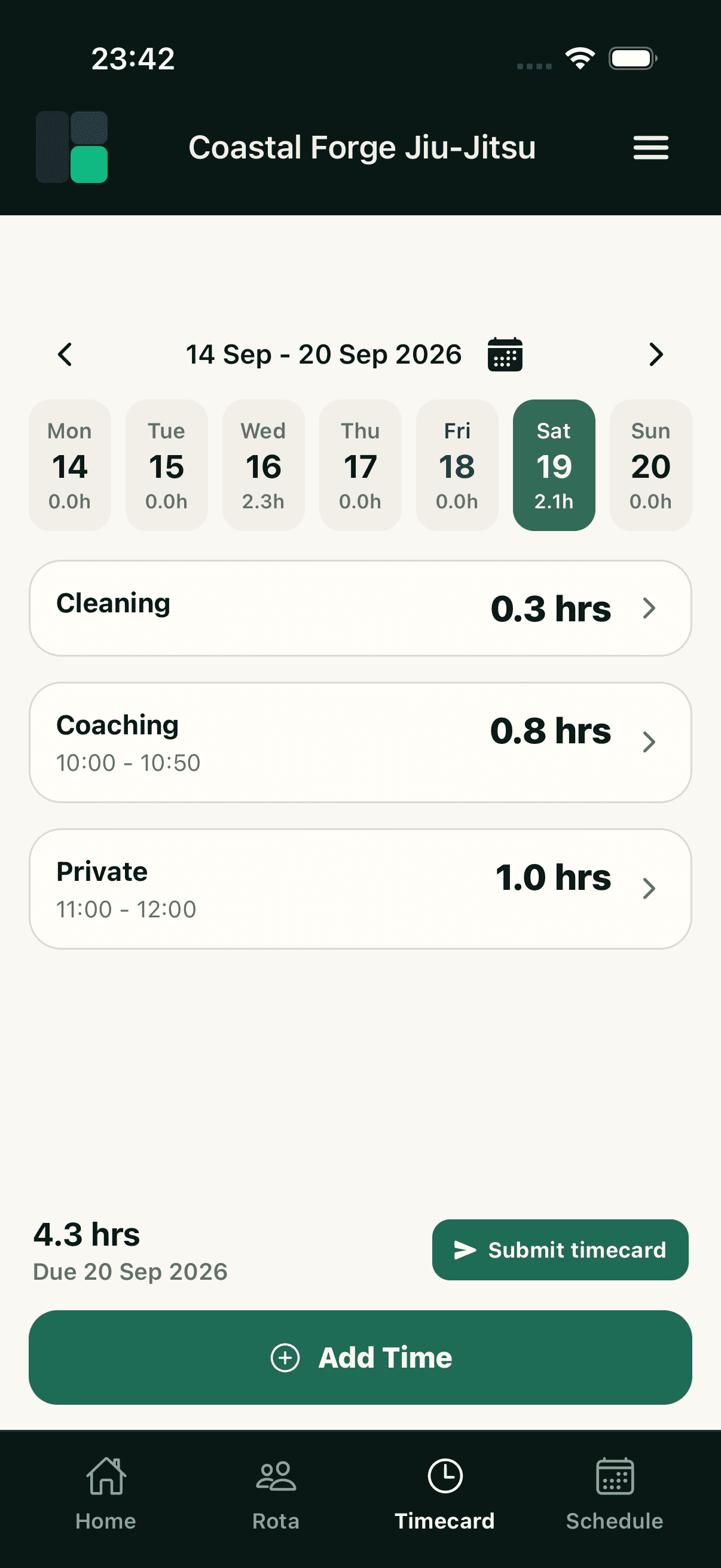 The OpenMat mobile Timecard screen showing hours logged by category for the pay period