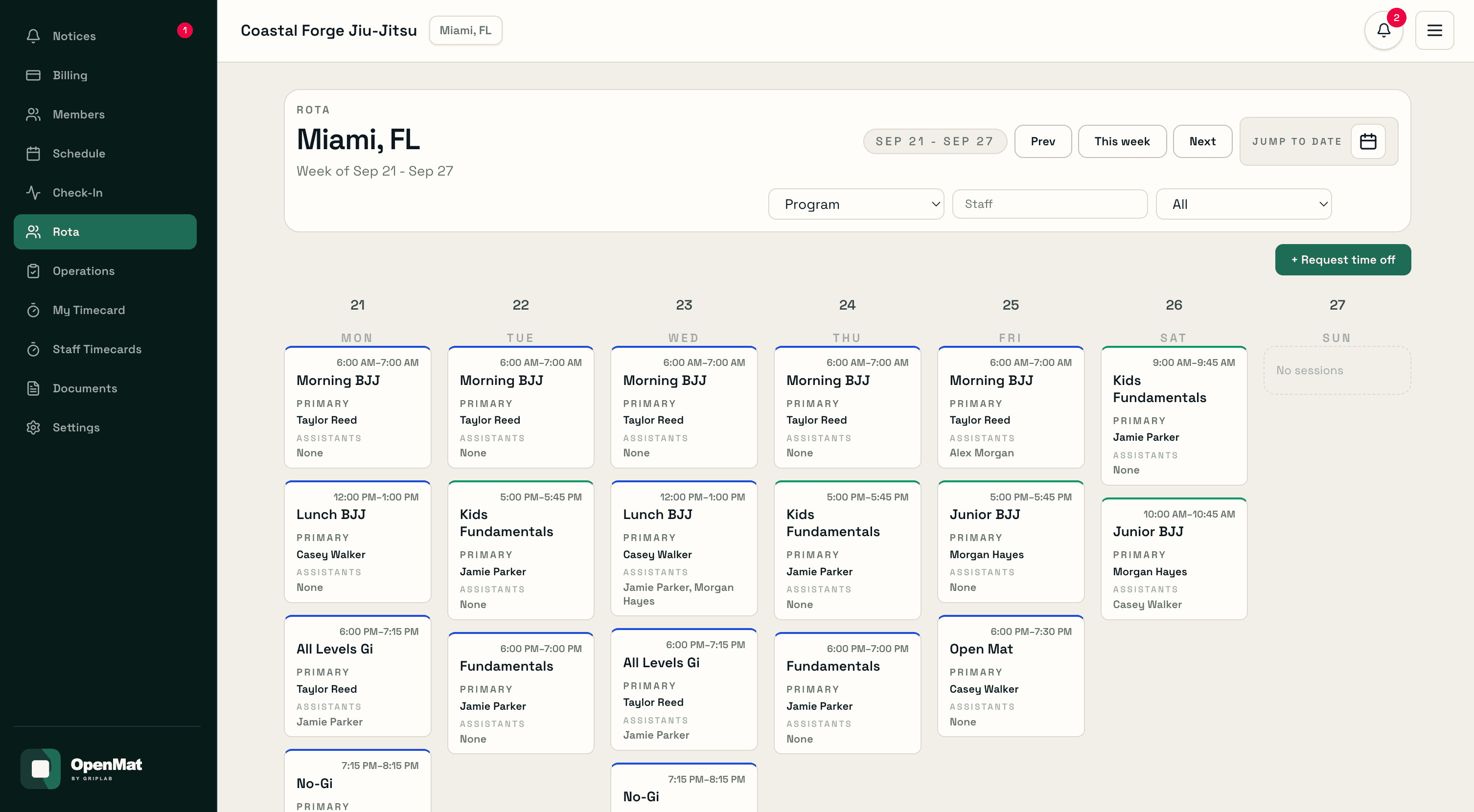 The OpenMat Rota screen showing a week of classes with coaches and assistants assigned to each session